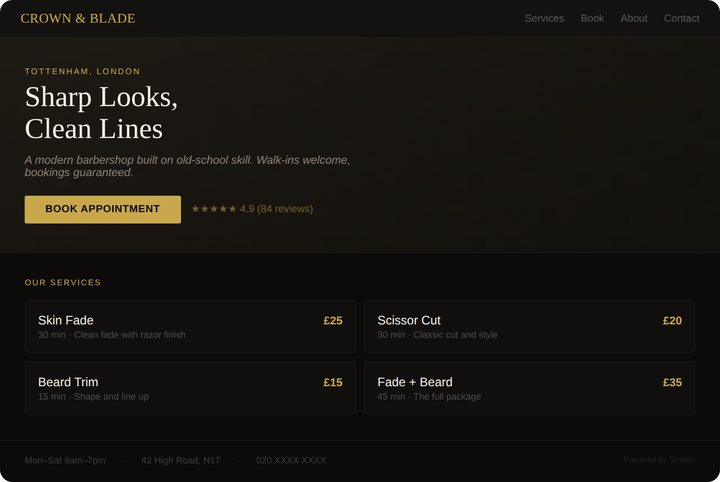 Professional barbershop website built by Stratos with online booking, services grid, and reviews